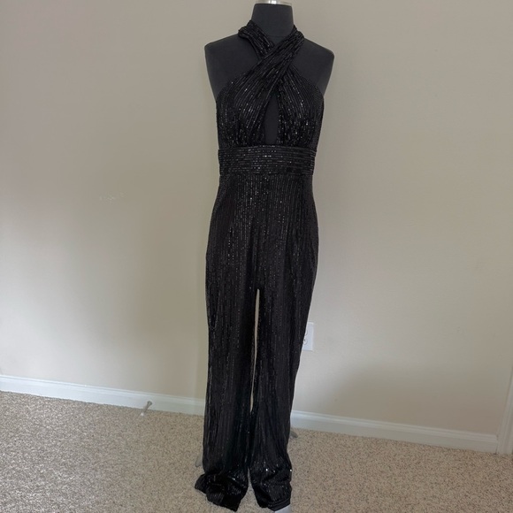 FAERIESTY Crisscross Cut Out Sequin Flare Leg Jumpsuit Size Large - Picture 5 of 12